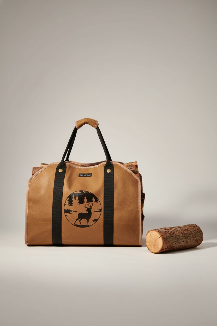 ART-GIFTREE Large Firewood Carrier displayed elegantly next to a log, showcasing its sleek waxed canvas design.