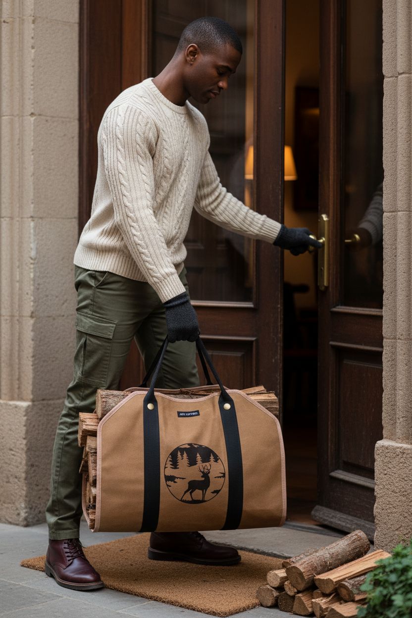 ART-GIFTREE Large Firewood Carrier on a porch, showcasing its durable waxed canvas and sturdy handles.