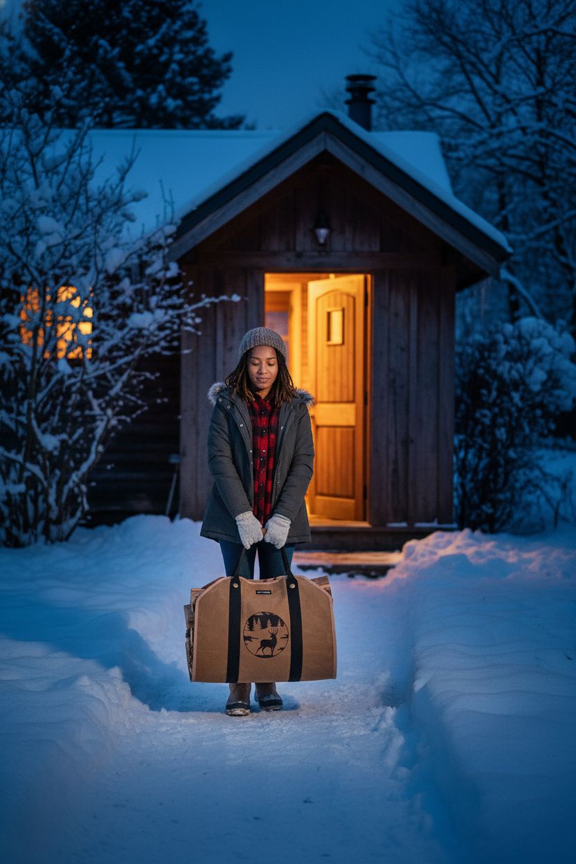 ART-GIFTREE firewood carrier in a snowy cabin setting, highlighting its stylish design and functionality.