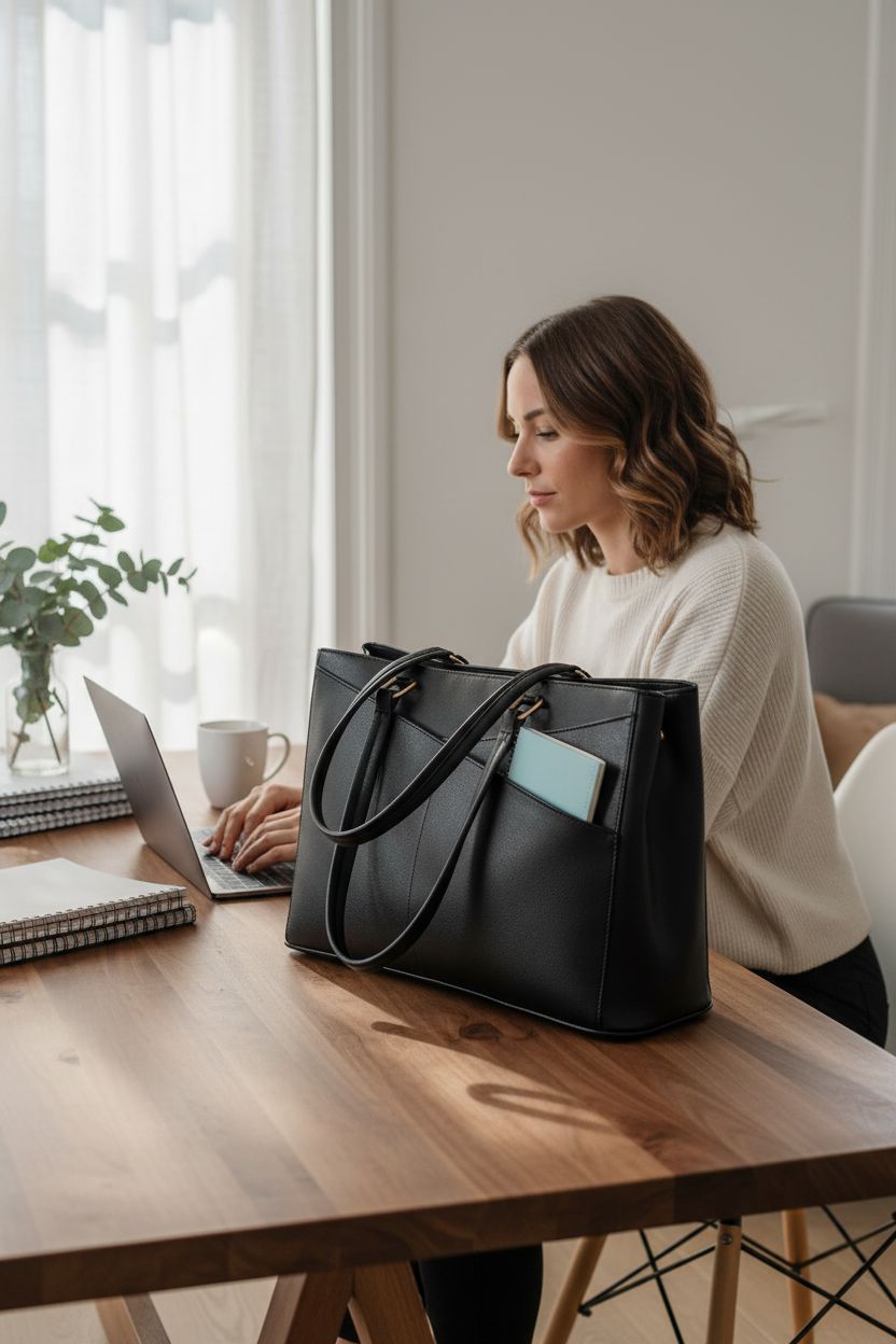 Cozy home office scene with LOVEVOOK black tote bag beside laptop, enhancing productivity and style.