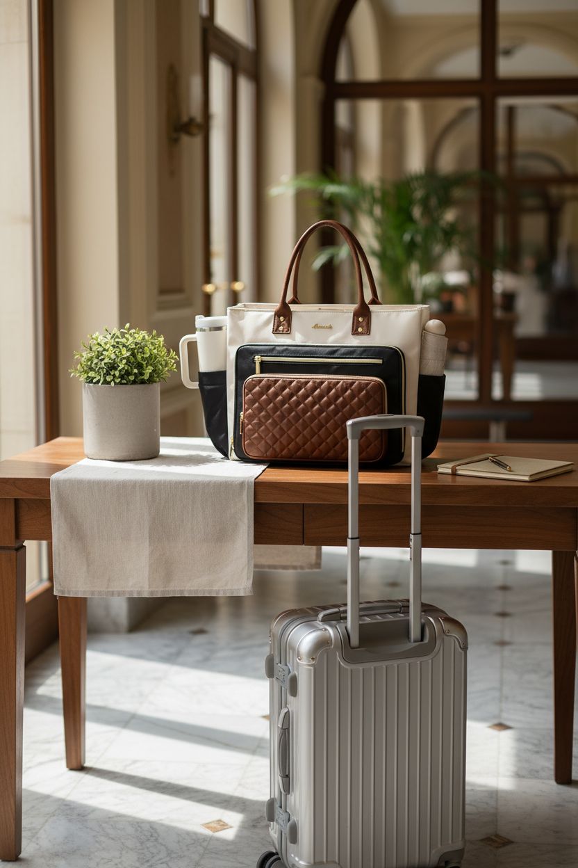 LOVEVOOK tote bag displayed in a sunlit boutique lobby, emphasizing its travel-ready design and aesthetic.