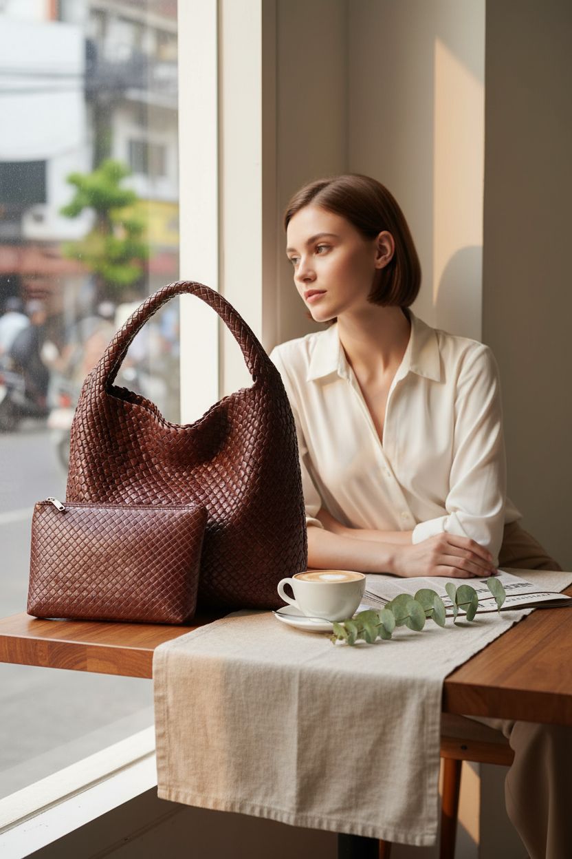 Cozy scene featuring Geelyda woven leather tote beside a cappuccino and newspaper in a café.