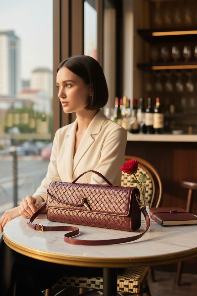 Cozy ambiance with Upbull burgundy woven purse on marble table at a wine bar