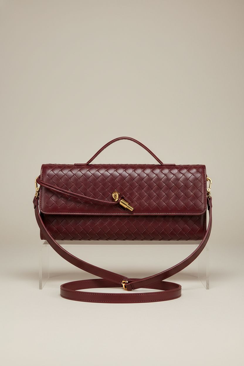 Upbull woven PU leather purse showcasing texture and gold hardware in studio setting