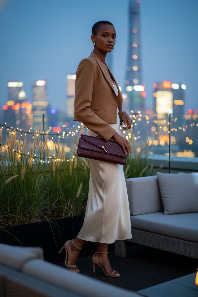 Elegant burgundy woven clutch by Upbull, perfect for glamorous rooftop evenings