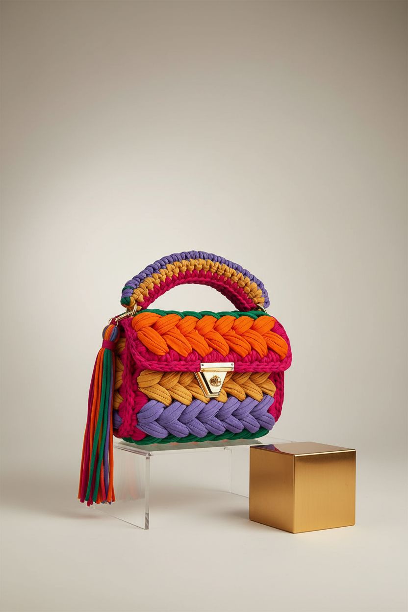 CHQEL evening clutch bag showcasing detailed braided cotton yarn on a studio backdrop.