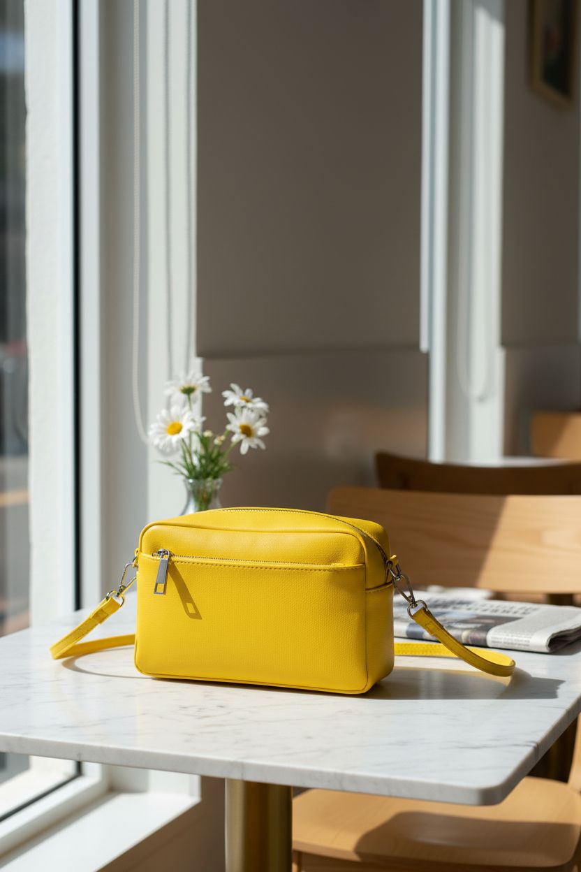 VOROLO yellow purse on a marble table with daisies in a bright cafe setting.