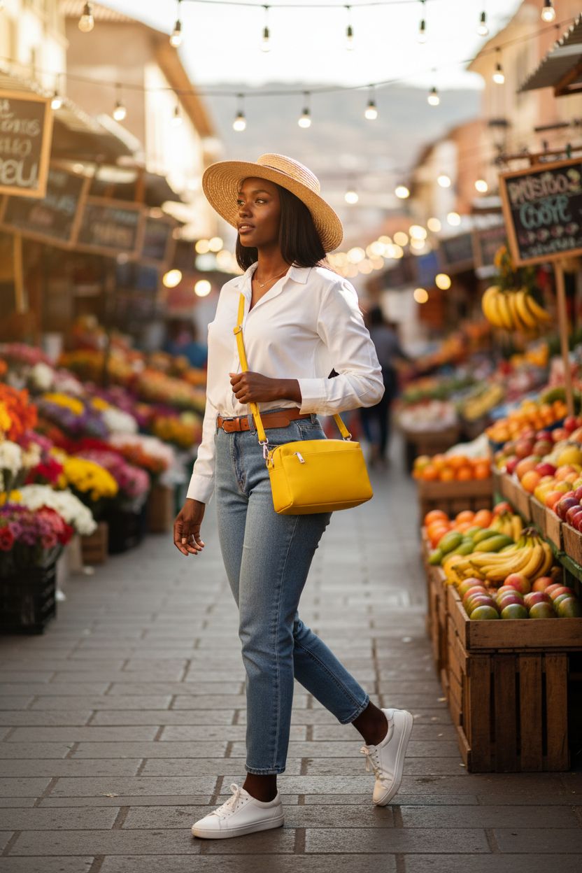VOROLO small yellow leather crossbody bag in a vibrant street market atmosphere.