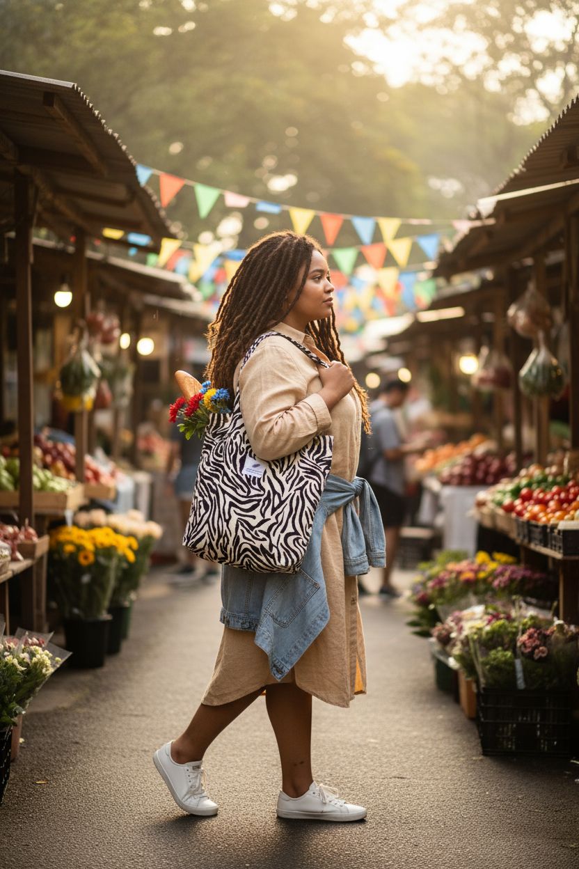 Zebra corduroy tote bag by TOPASION on a shoulder in a vibrant market, showcasing everyday style.