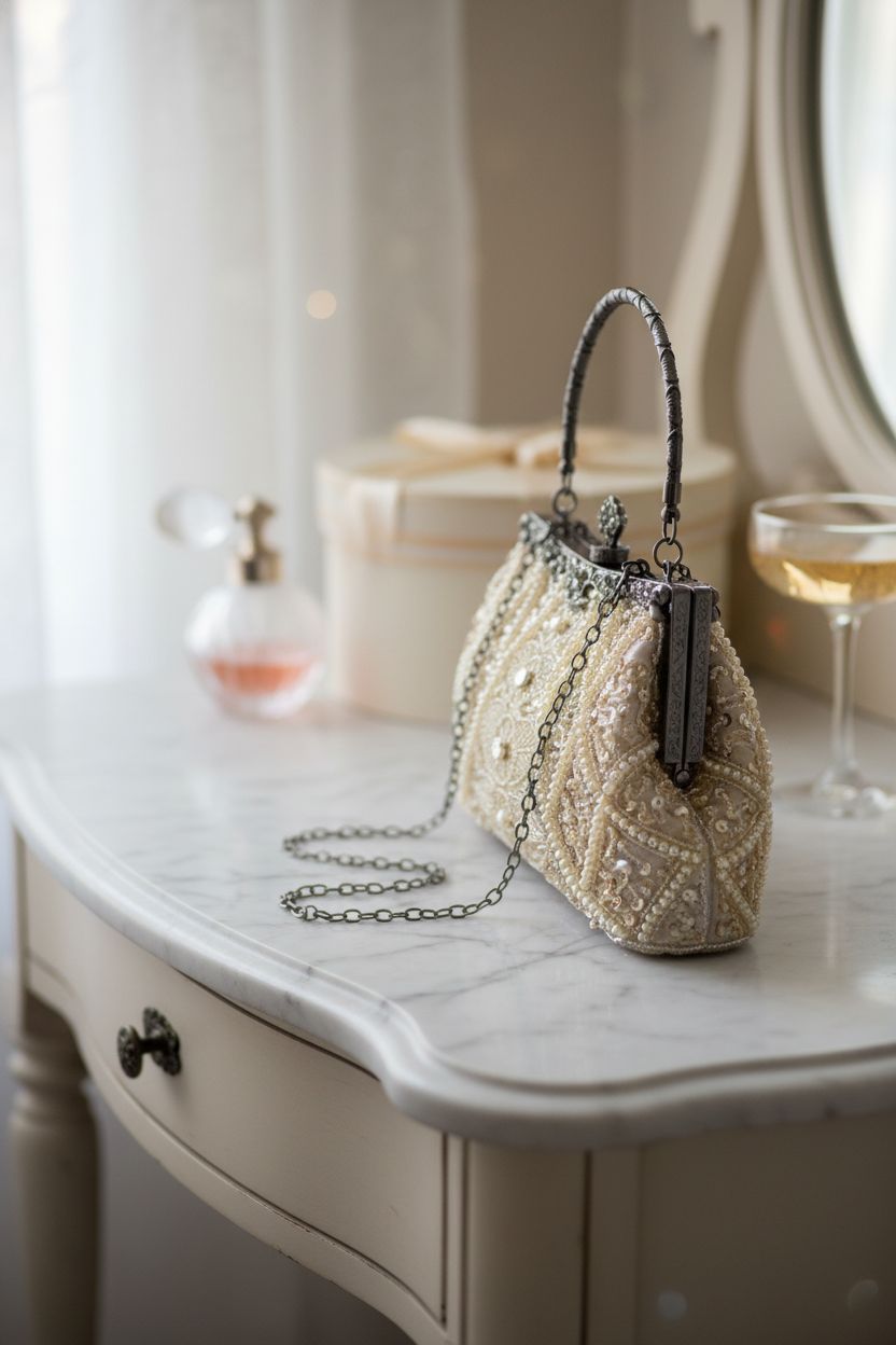BABEYOND 1920s purse on a vintage vanity with soft window light and elegant decor