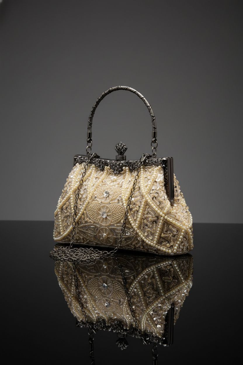 Product shot of BABEYOND champagne-gold beaded clutch on glossy background highlighting details