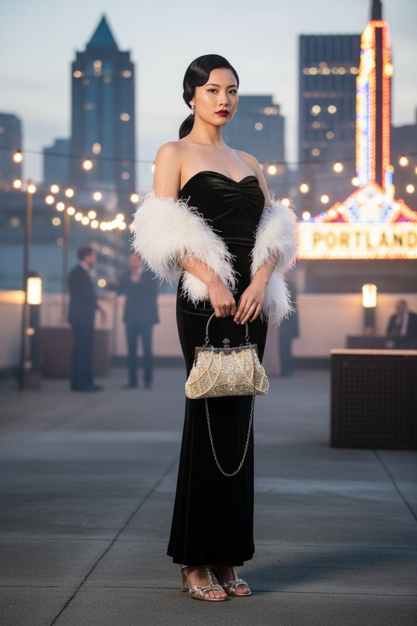 Champagne-gold beaded clutch by BABEYOND, shining at a Gatsby-era rooftop soirée