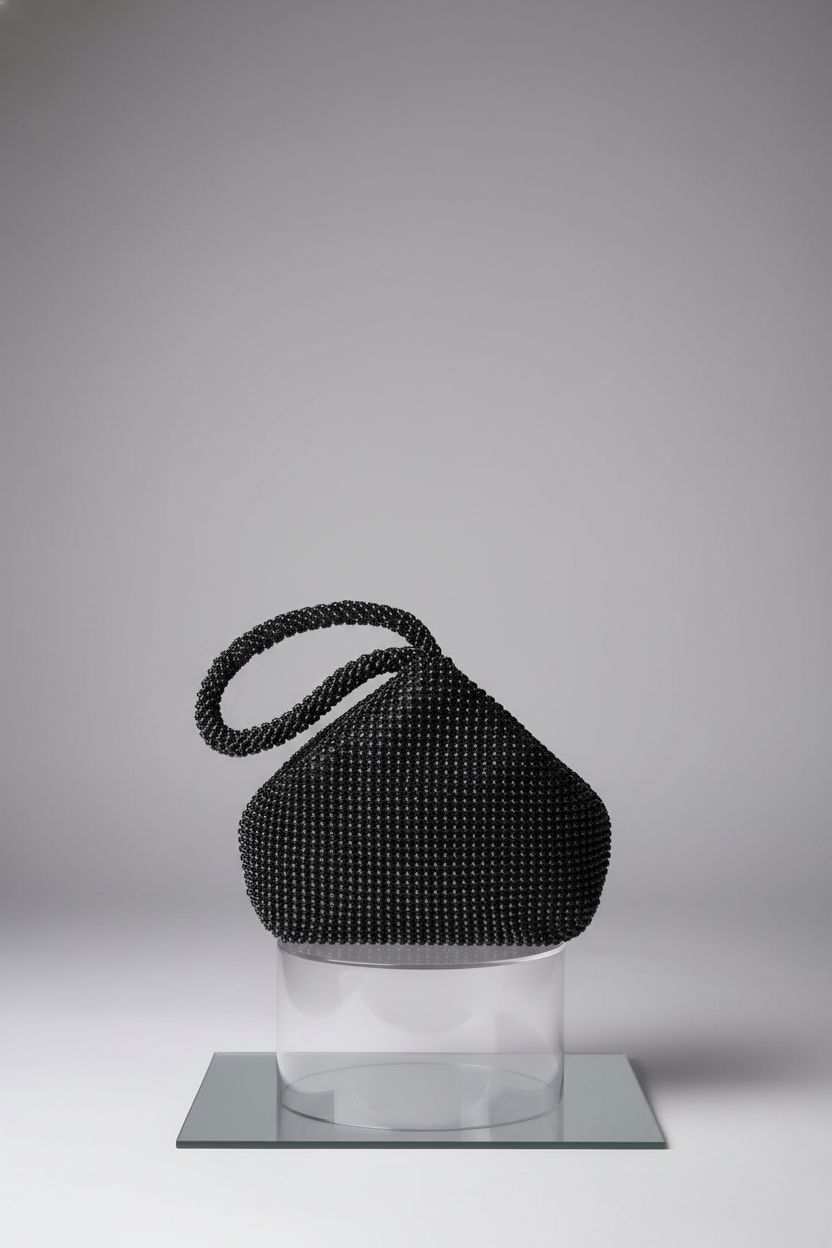 BABEYOND black beaded triangle purse displayed on a sleek pedestal, showcasing its elegant design for vintage lovers.