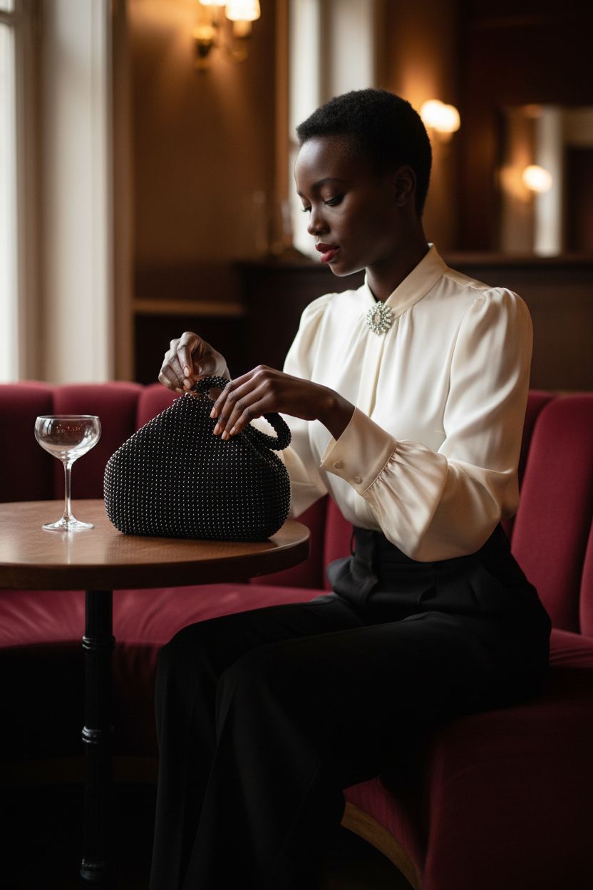 Elegant black beaded triangle purse by BABEYOND on a velvet-lined table in a jazz lounge, perfect for 1930s events.