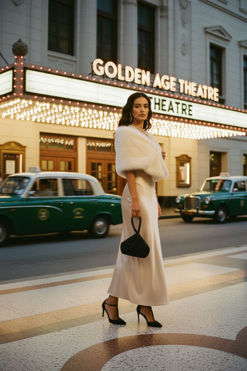 Stunning black beaded triangle purse by BABEYOND against a champagne gown outside an Art Deco theater, ideal for evening outings.