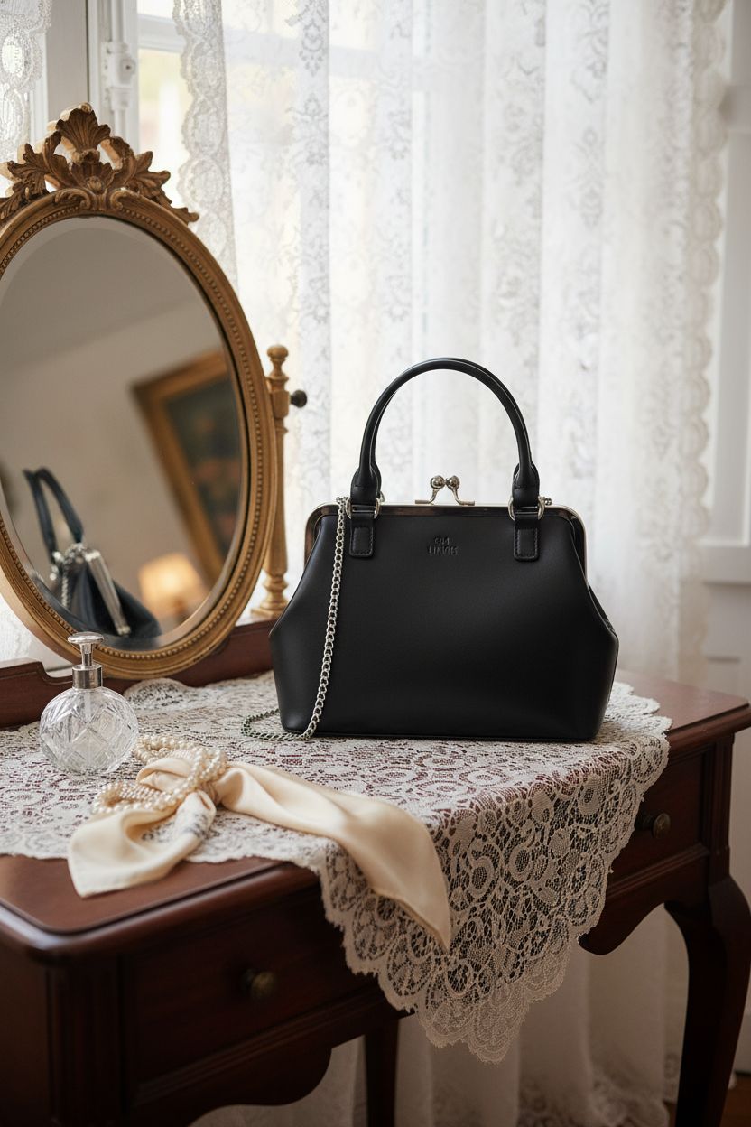 GM LIKKIE black PU leather handbag in a vintage vanity setting, showcasing elegance and style.
