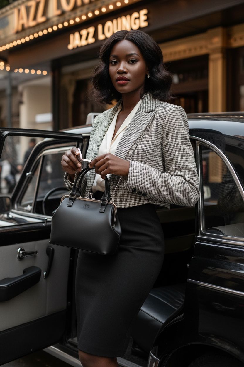 GM LIKKIE black kiss lock handbag with chain strap, vintage style, 1940s fashion.