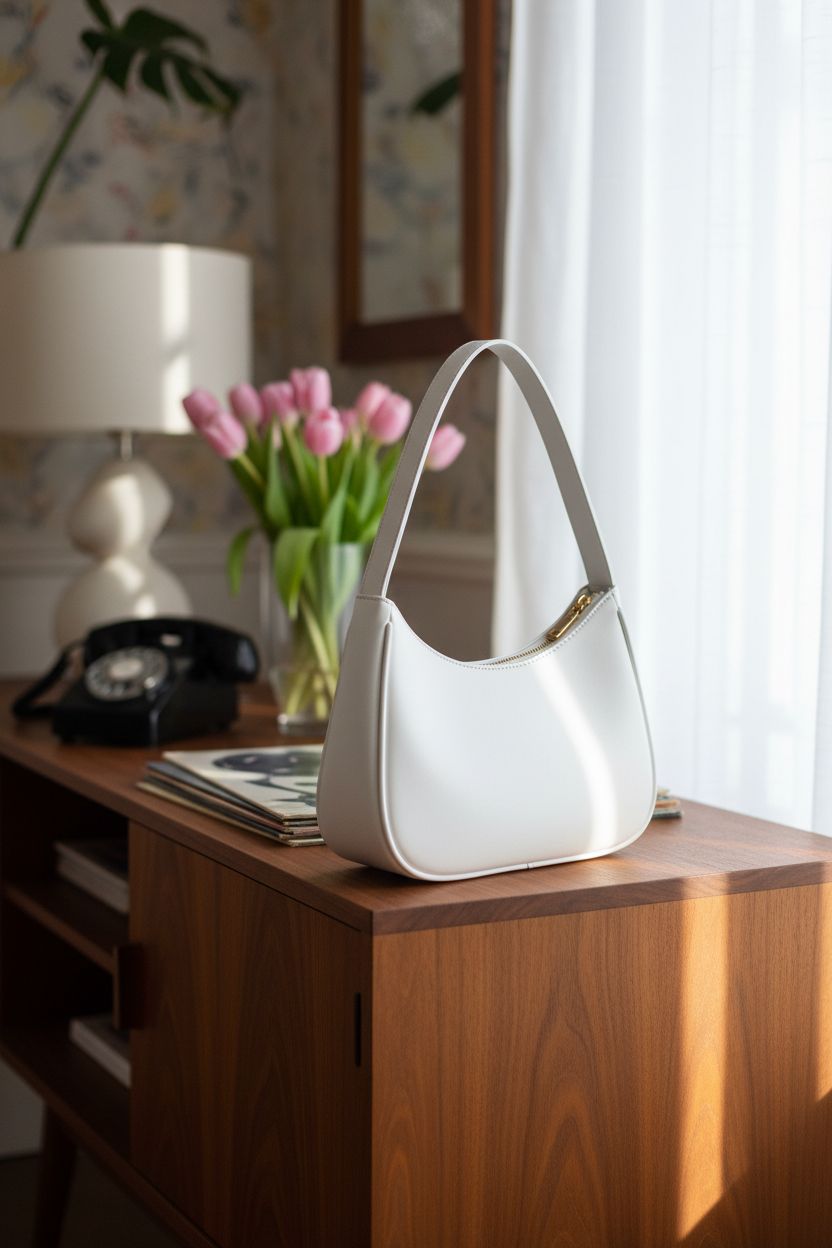 CYHTWSDJ white hobo bag placed elegantly in a mid-century living room