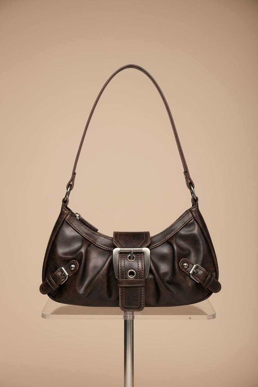 QWINEE coffee-brown faux leather shoulder bag on acrylic display