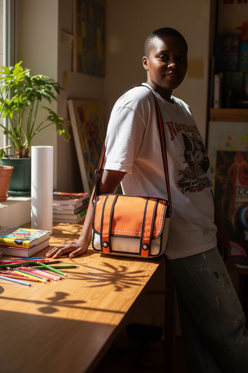 Xugq66 orange 3D bag featured in a cozy artistic workspace among colorful art supplies.