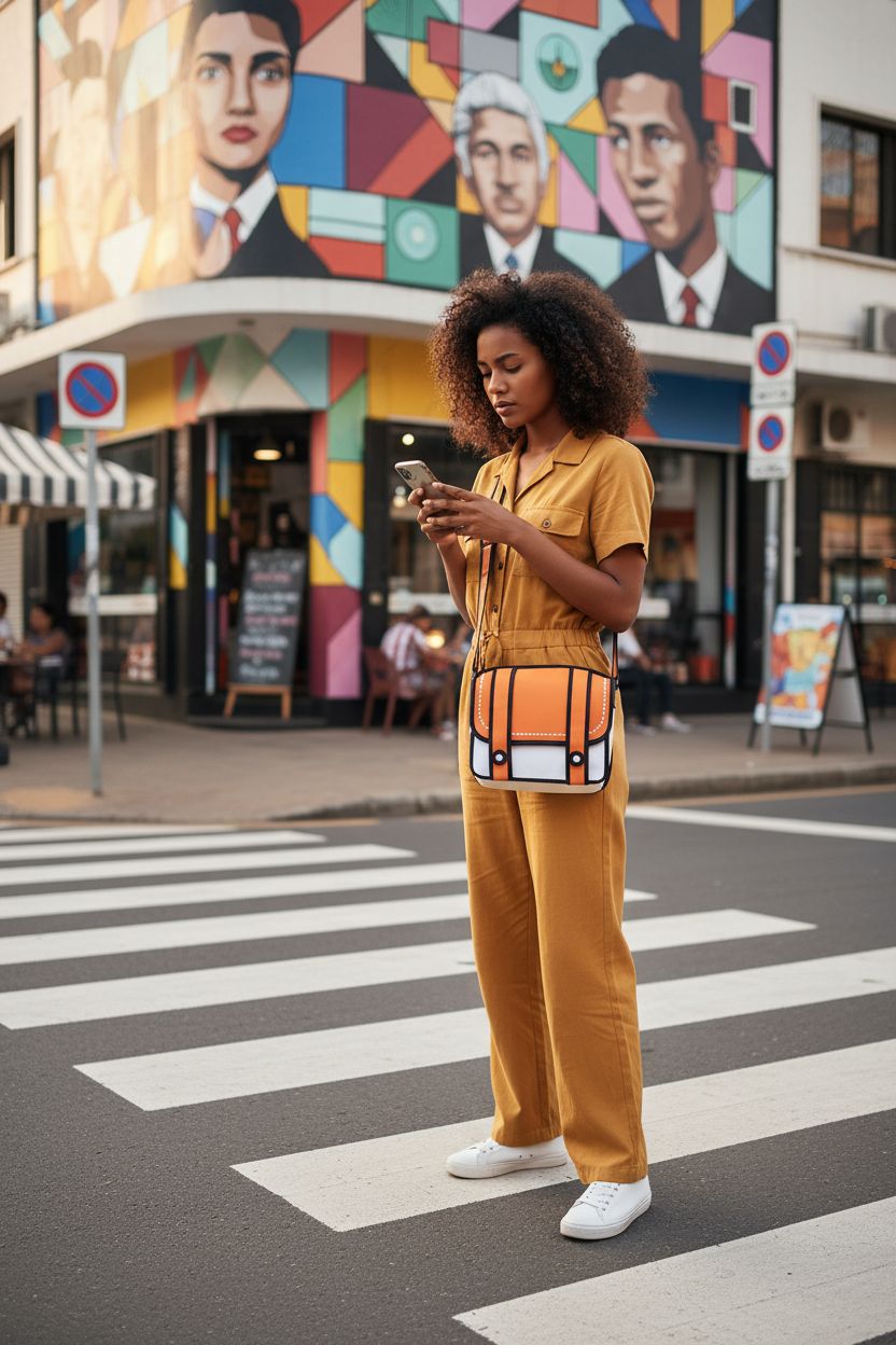 Xugq66 orange 3D messenger bag in motion on a vibrant street with pop-art mural backdrop.