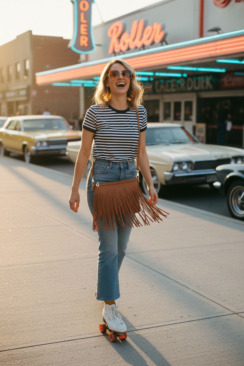 FashionPuzzle tan fringe crossbody bag captured in golden hour near a roller rink, showcasing its stylish design.