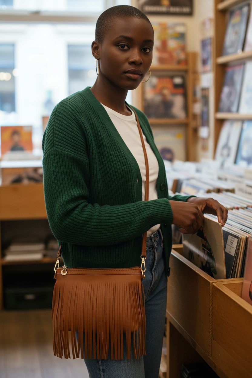FashionPuzzle tan fringe crossbody bag displayed in a cozy vinyl shop, enhancing the vintage atmosphere.