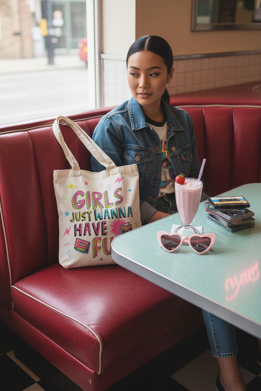 RTTLALUO tote bag in a cozy diner with nostalgic 80s decor and accessories