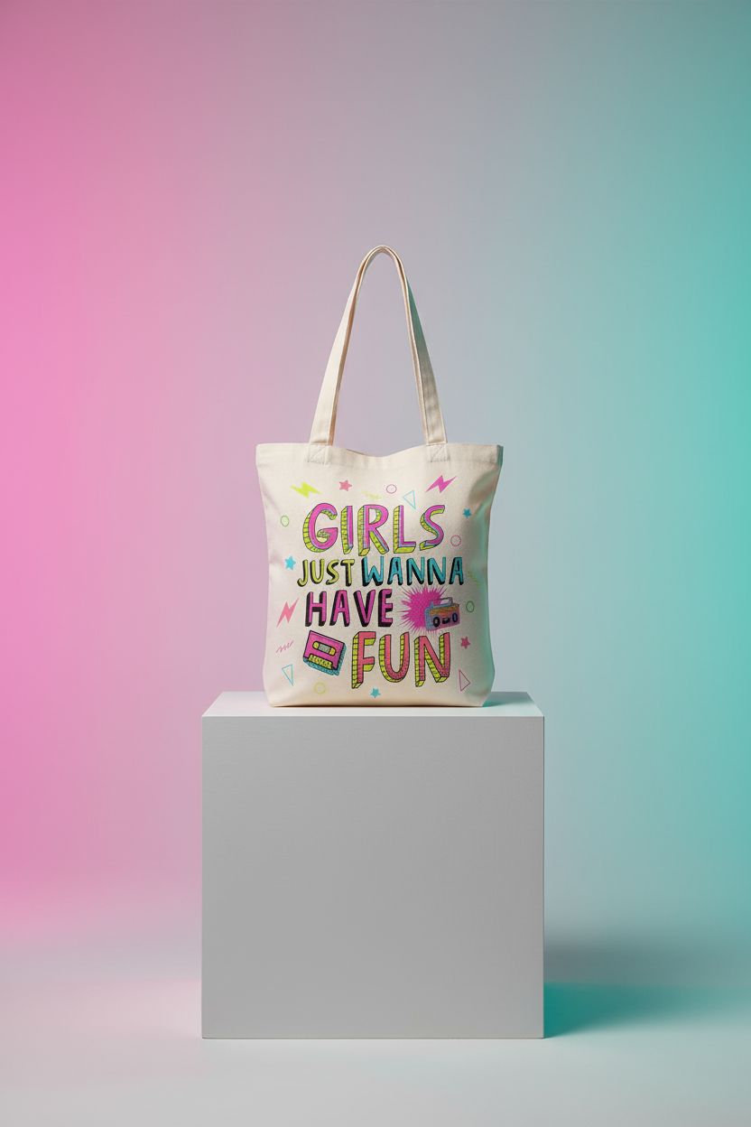 Close-up of RTTLALUO 80s tote bag showcasing canvas texture and neon design