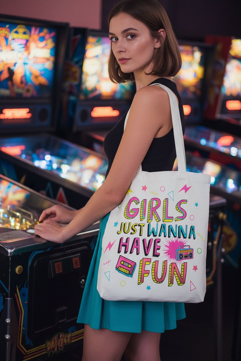 RTTLALUO Girls Just Wanna Have Fun tote bag in a vintage arcade setting with neon print