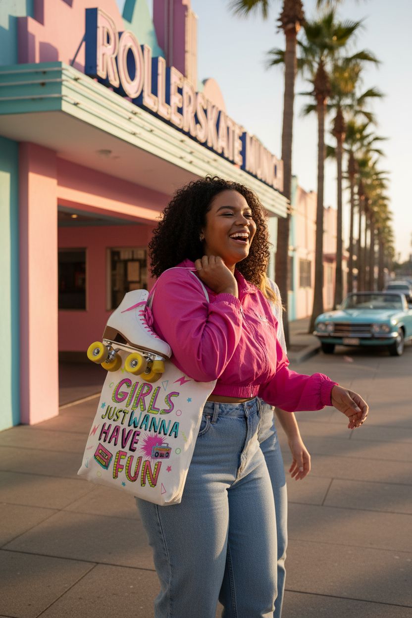 RTTLALUO white tote bag at a retro roller rink with a vibrant 80s aesthetic