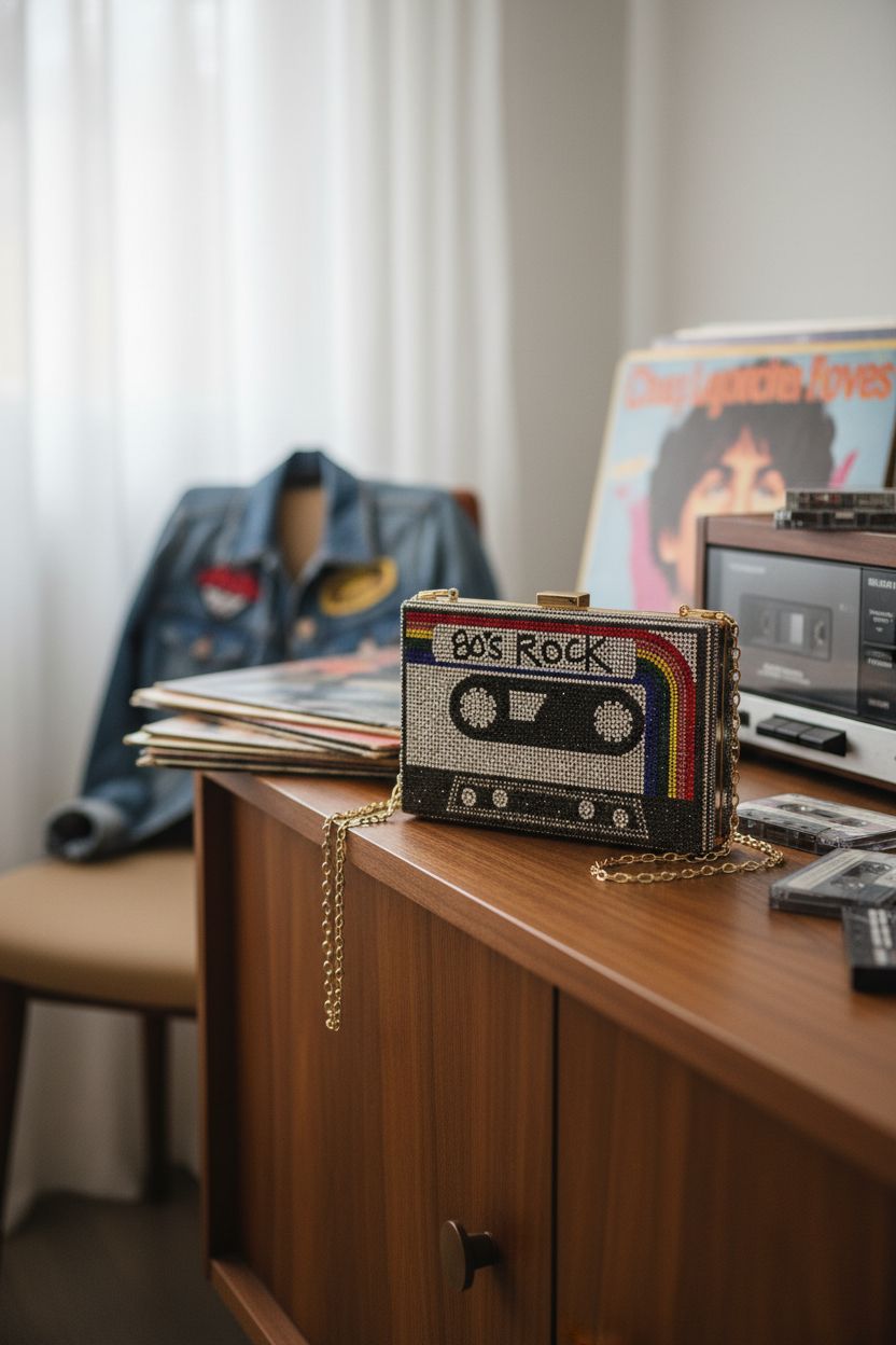 Renabro rhinestone cassette bag in cozy music nook, evoking authentic 80s vibes with scattered tapes