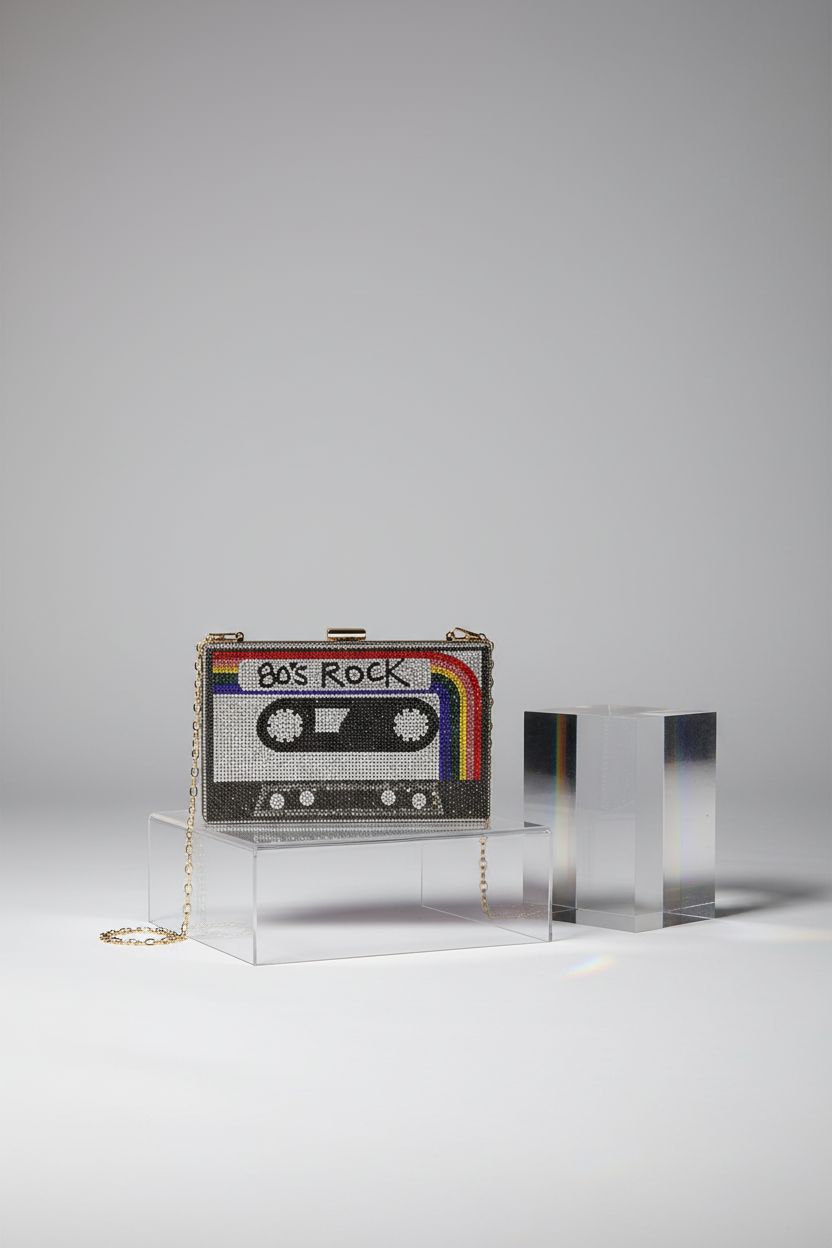 Renabro cassette-inspired rhinestone bag on display, highlighting its vintage appeal and craftsmanship