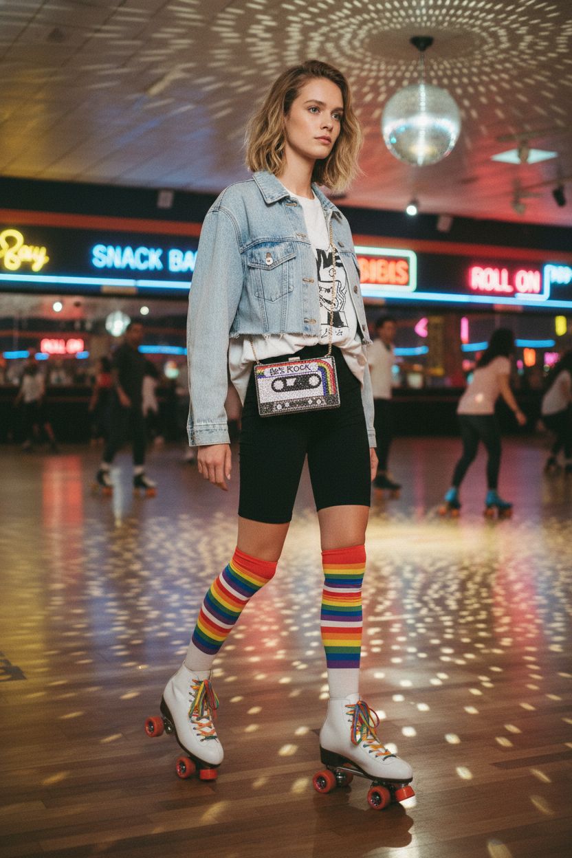 Renabro retro radio crossbody bag with rhinestones, vibrant 80s style, perfect for roller skating