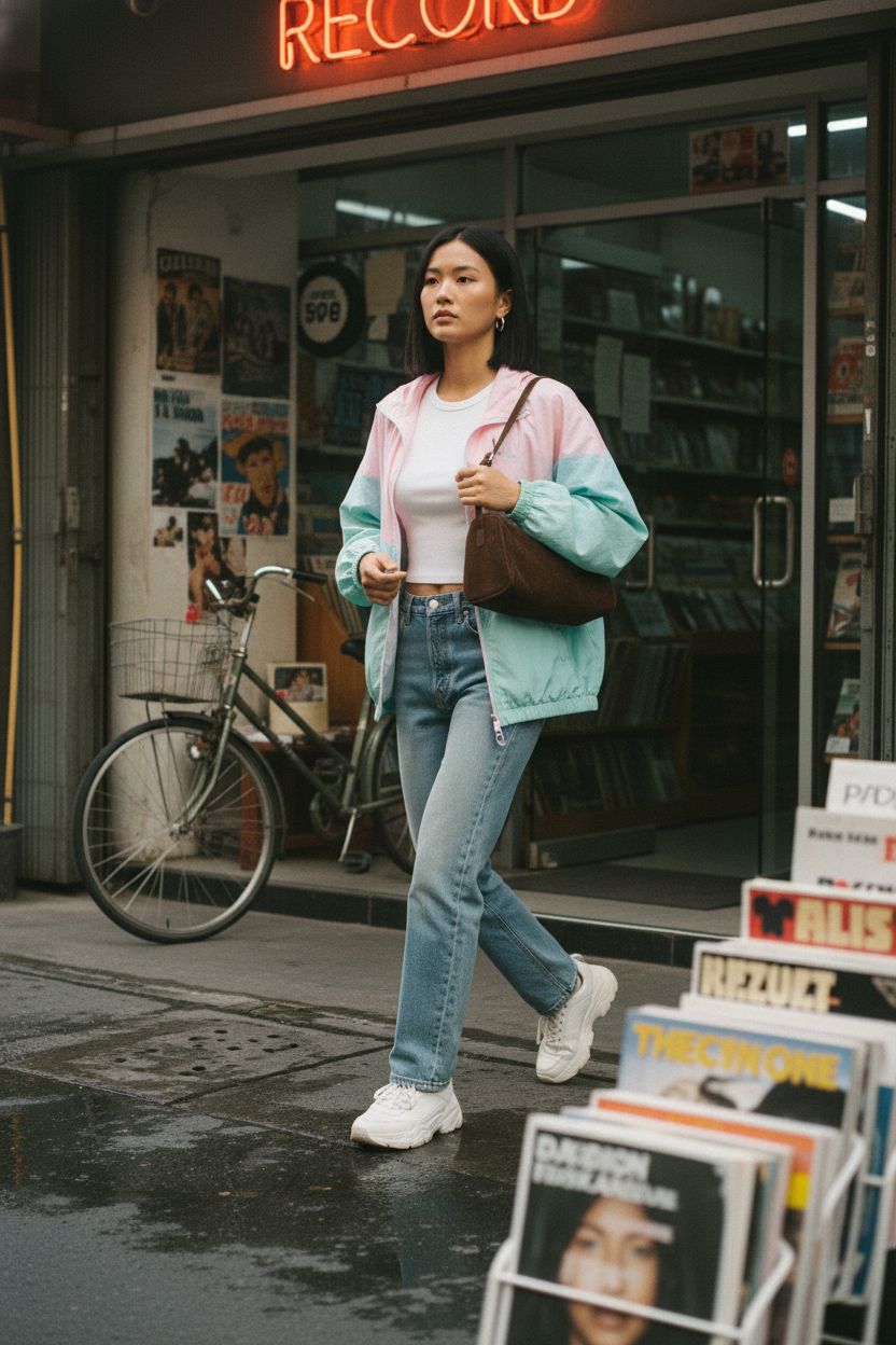 Coffee suede leather crossbody bag by DONNAIN against a vibrant 90s-inspired backdrop