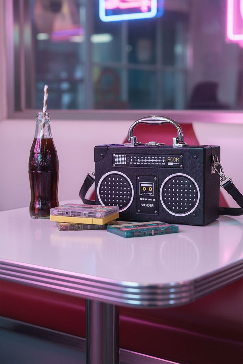 TAMMYFLYFLY radio bag on retro diner table with cherry soda and mixtape cassettes, showcasing craftsmanship.