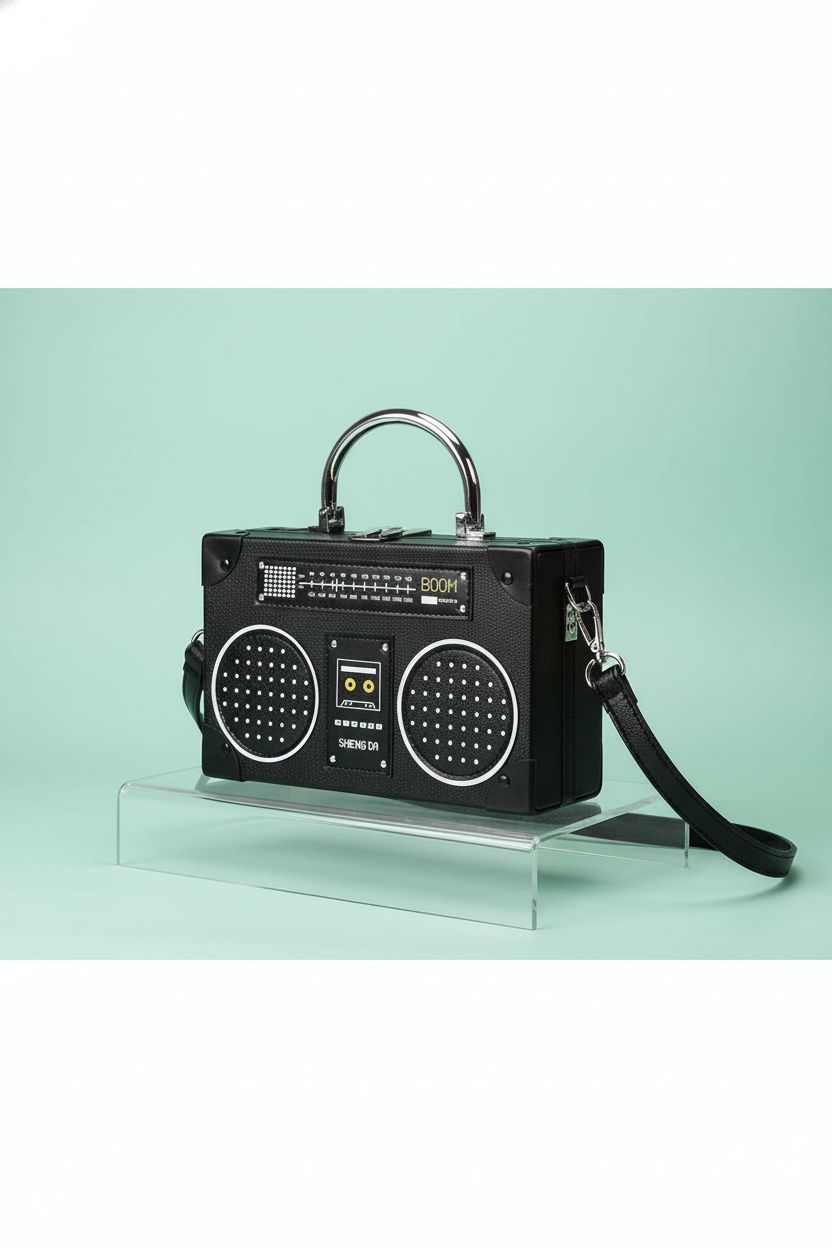 Close-up of TAMMYFLYFLY's black radio-shaped bag, highlighting its clasp, stitching, and design details.