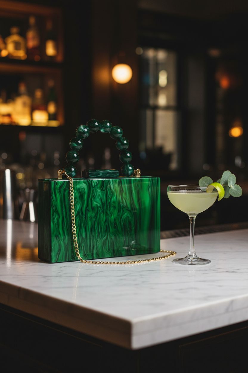 Jessie dark green marbled acrylic clutch resting on a marble counter in a cocktail bar setting.