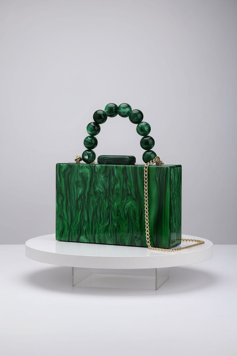 Jessie acrylic handbag showcased on a minimalist set, highlighting its elegant design and pearl chain.
