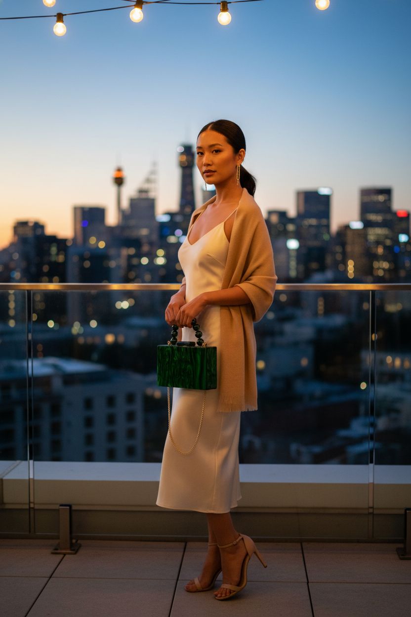 Jessie dark green acrylic handbag with marbling on a rooftop at dusk, perfect for cocktails.