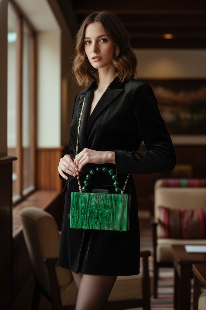 Jessie dark green acrylic purse with pearl chain in a hotel lobby, stylish for formal events.