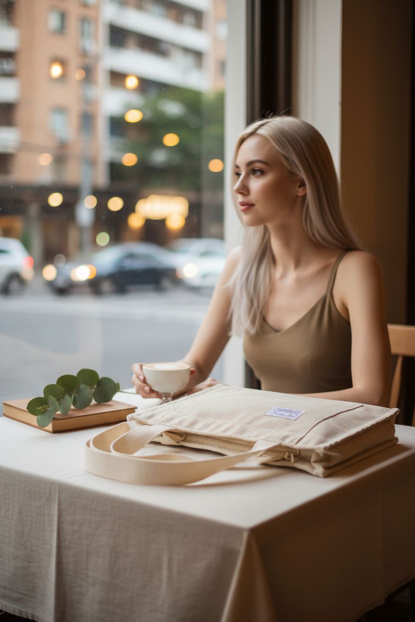 Valleycomfy beige corduroy bag beside a coffee in a cozy cafe, ideal for leisure outings.
