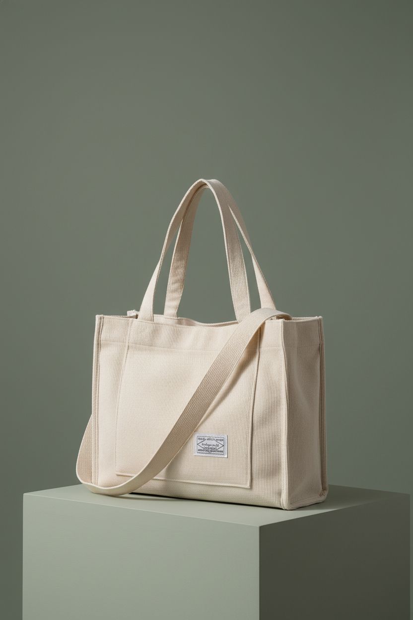 Close-up of Valleycomfy beige corduroy bag highlighting its soft structure and quality details.