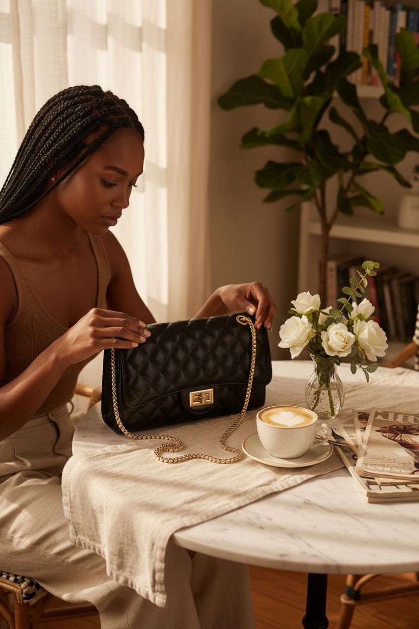 Cozy setting with Gladdon black quilted bag on a marble table beside a latte.
