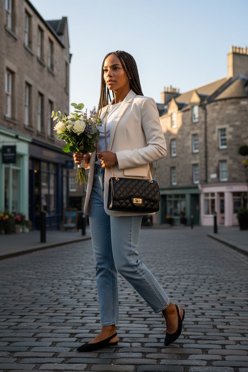 Gladdon designer black quilted crossbody bag swinging at hip on chic streets.