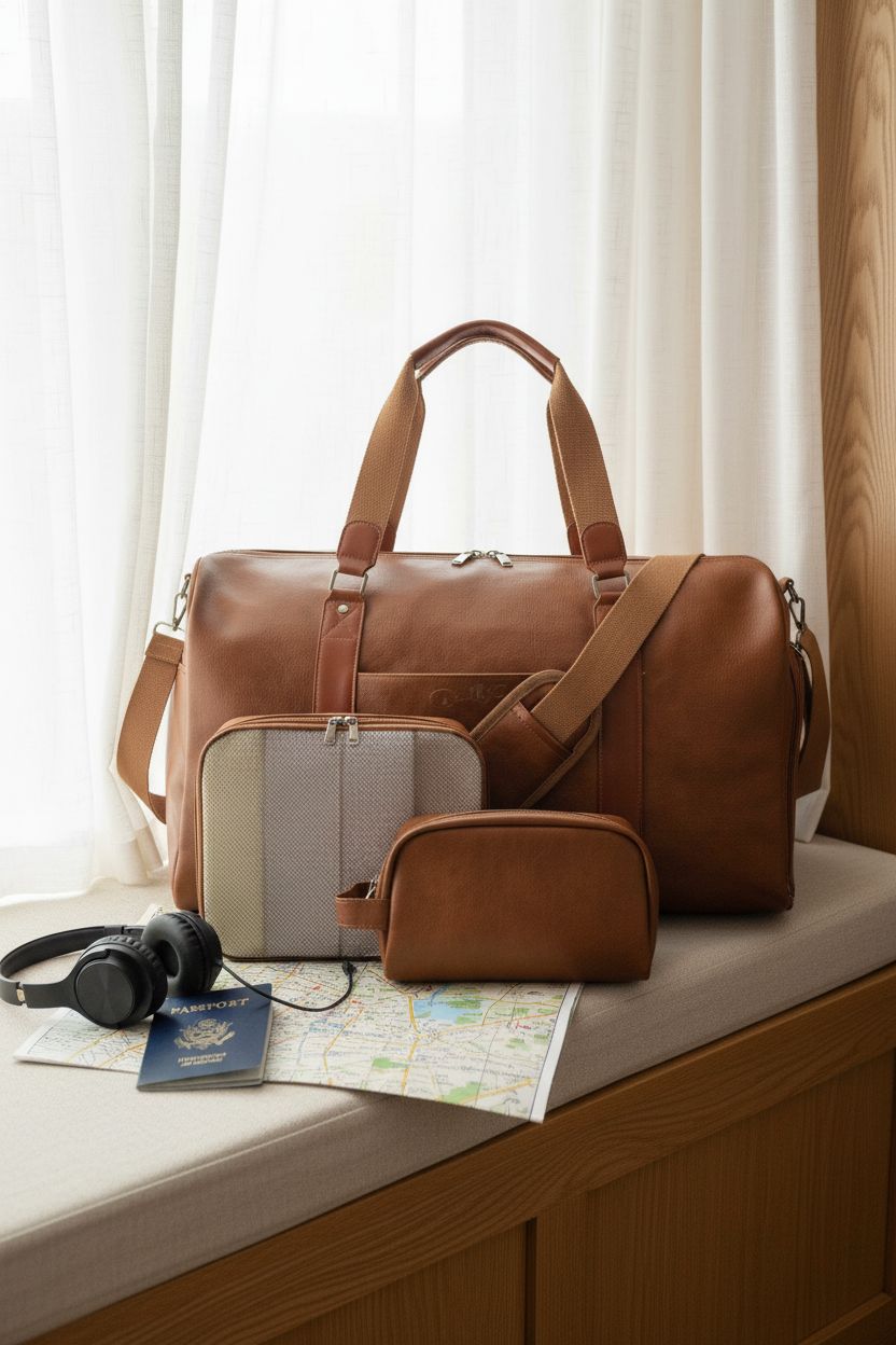 Cozy setting with Double Bus leather duffle and toiletry bag, ideal for weekend getaways