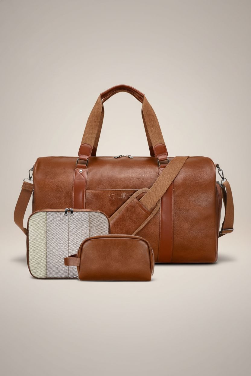 Product showcase of Double Bus leather duffle bag with packing cube, sleek and versatile