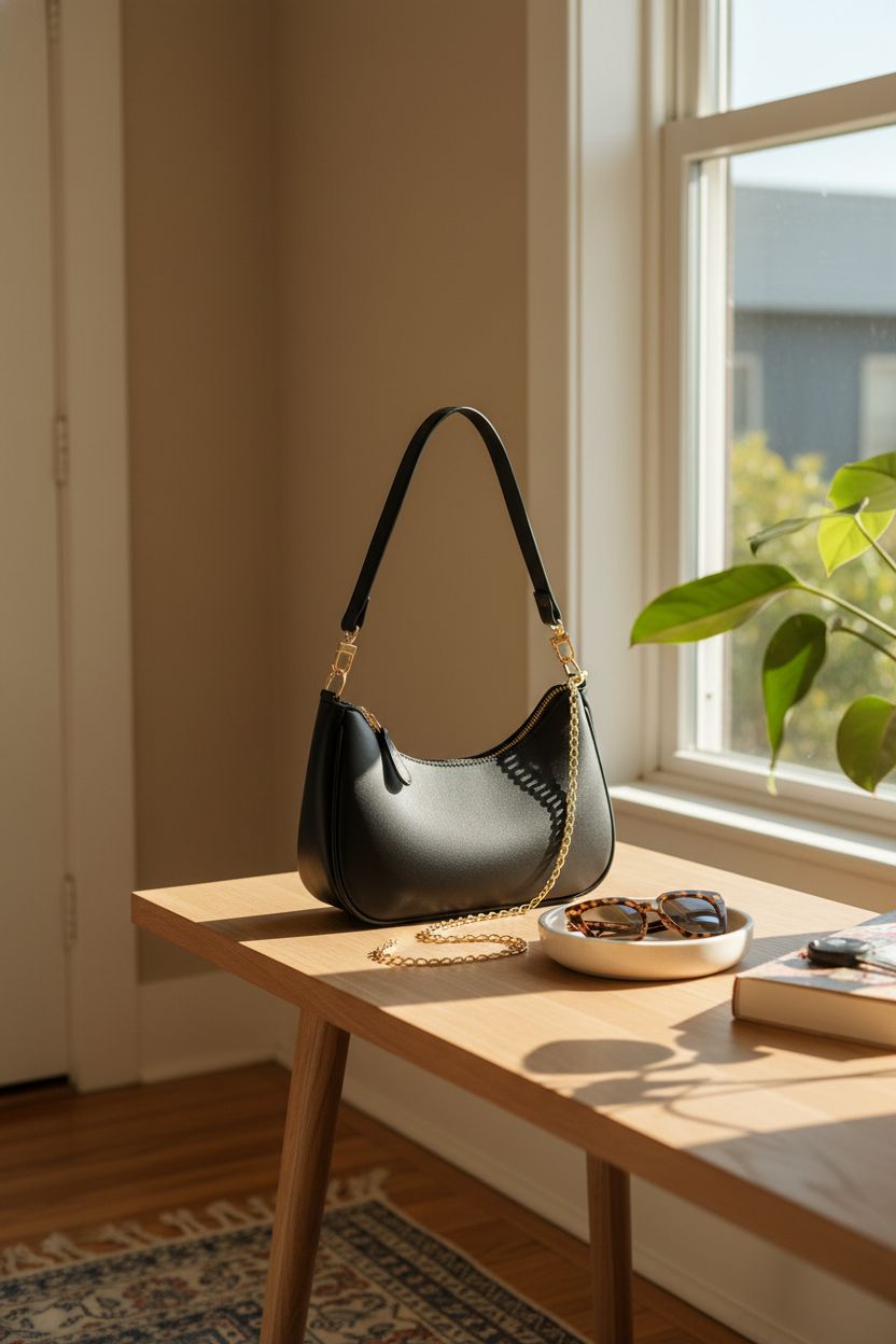 KKXIU hobo bag on a console in a sunlit entryway, creating a cozy, inviting atmosphere.