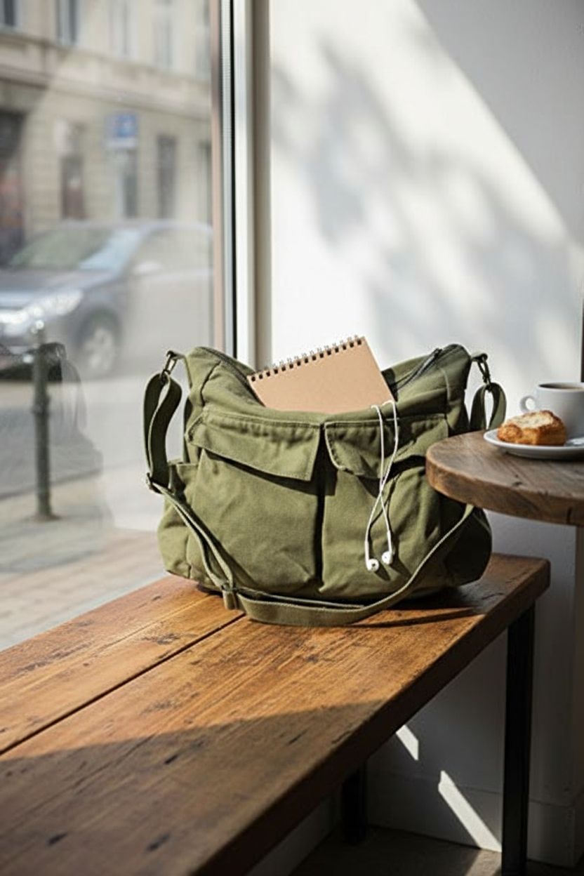 GAXOS green canvas bag on a wood bench in a café, showcasing its creative use and style.