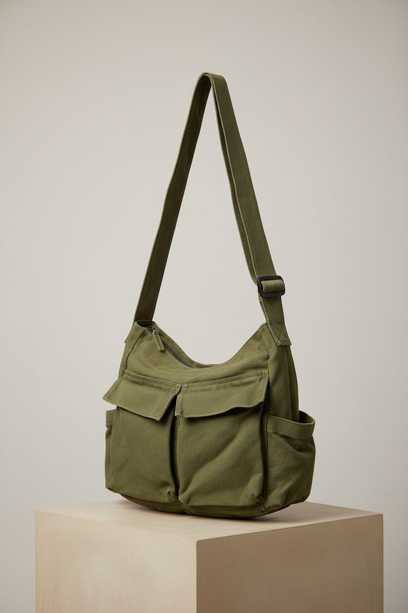 GAXOS vintage green messenger bag displayed on grey seamless background, highlighting its design.